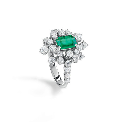 Anello Mimosa in oro bianco con diamanti e smeraldo