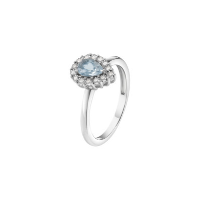 Anello Stephanie in oro bianco con diamanti e acquamarina taglio goccia