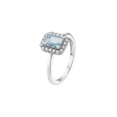 Anello Stephanie in oro bianco con diamanti e acquamarina taglio smeraldo