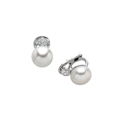 Orecchini lobo in oro bianco, diamanti e perla