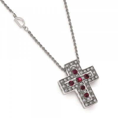 Collana croce in oro bianco, diamanti e rubini