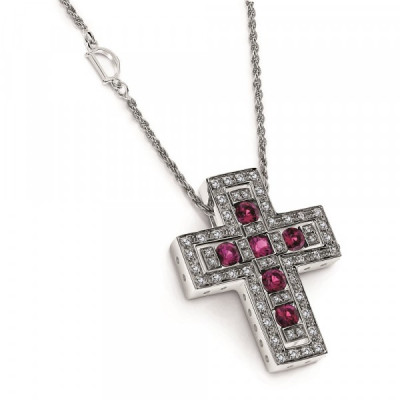 Collana croce in oro bianco, diamanti e rubini 