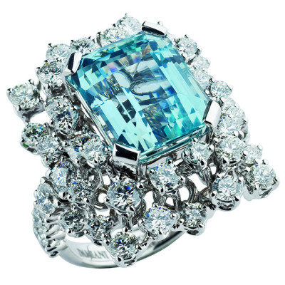 Anello Mimosa in oro bianco, acquamarina e diamanti ct. 3,33 GH