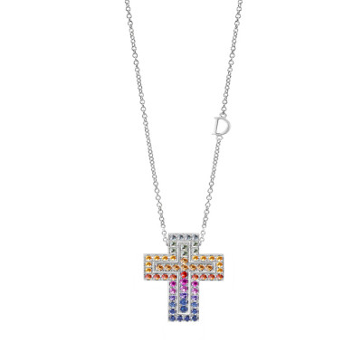Collierino croce diamanti e zaffiri 20x26 mm