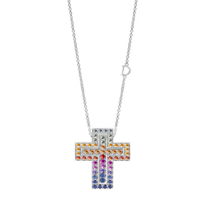 Collierino croce diamanti e zaffiri 25x33 mm