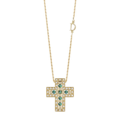 Collana Croce Belle Epoque oro rosa diamanti smeraldi