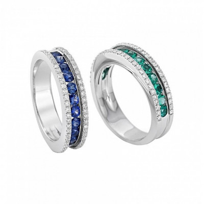 Anello in oro bianco, diamanti e pietre colore