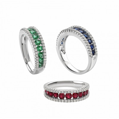 Anello in oro bianco, diamanti e pietre colore
